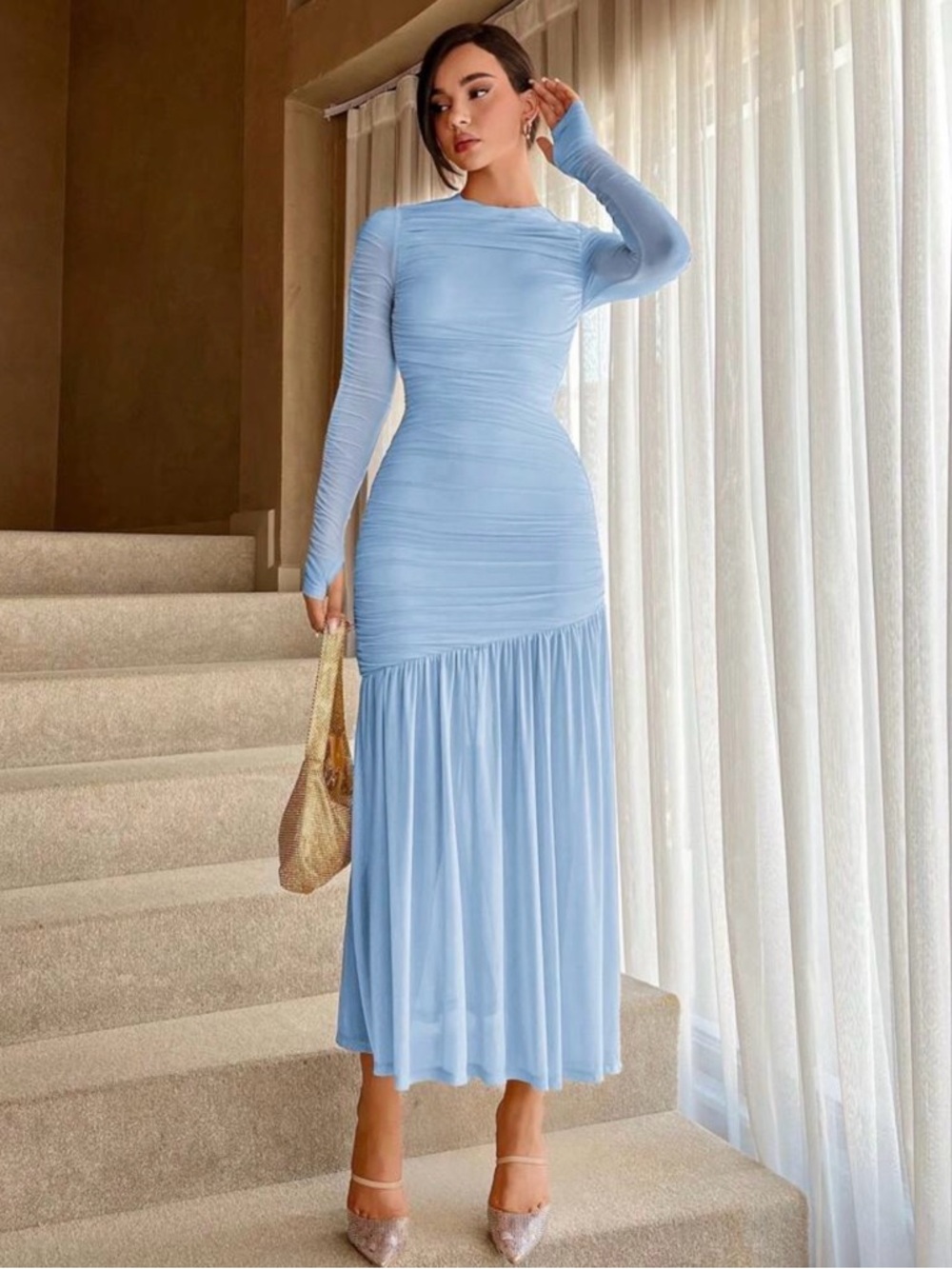 Long Sleeve Light Blue Ruched Maxi Dress